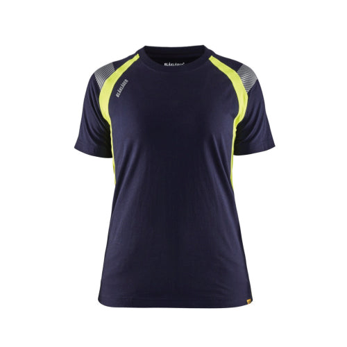 Blaklader Women's Tshirt navy blue/hi-vis yellow with logo